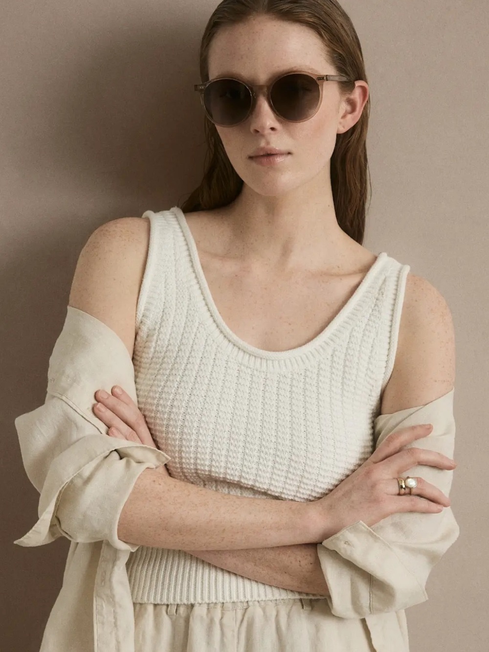Quince Cream Ribbed Scoop-Neck Knit Tank